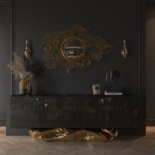 Luxury Gold Buffet Cabinet with Sculptural Metal Base & Hidden Storage