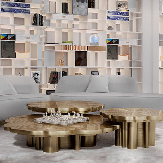 Luxury Patina Brass Coffee Table Set with Round Tiered Tops & Statement Design