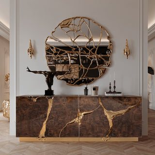 Luxury Black Gold Sideboard Cabinet with Sculptural Cracked Design