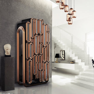 Luxury Bar Cabinet with Brass Tube Design, Glass Shelves & Hidden Storage