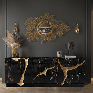 Luxury Black Gold Sideboard Cabinet with Sculptural Cracked Design