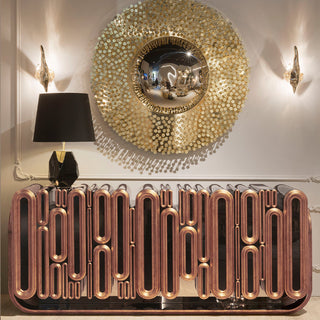 Luxury Gold Sideboard Buffet Cabinet with Sculptural Metal Design & Hidden Storage