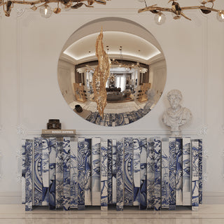 Luxury Hand-Painted Tile Sideboard Cabinet with Vintage Artwork & Hidden Storage