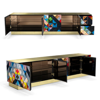 Luxury Walnut Media Console with Pixel-Inspired Design & Hidden Storage