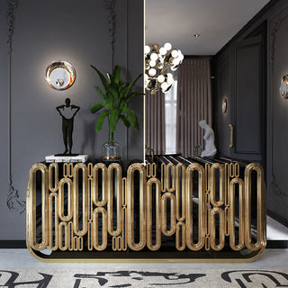Luxury Gold Sideboard Buffet Cabinet with Sculptural Metal Design & Hidden Storage