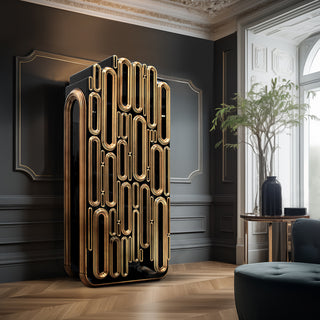 Luxury Bar Cabinet with Brass Tube Design, Glass Shelves & Hidden Storage