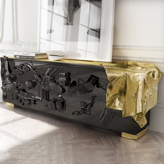 Luxury Black Sideboard Buffet Cabinet with Gold Leaf Details & Hidden Storage