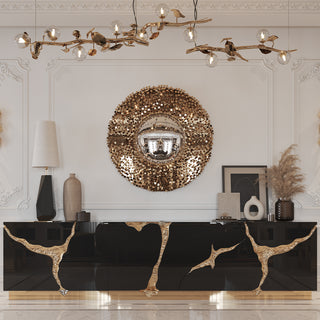 Luxury Black Gold Sideboard Cabinet with Sculptural Cracked Design