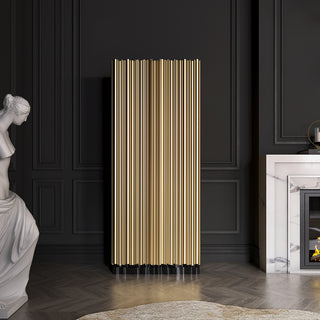 Luxury Curio Cabinet with Brass Tube Design, Glass Shelves & Hidden Storage