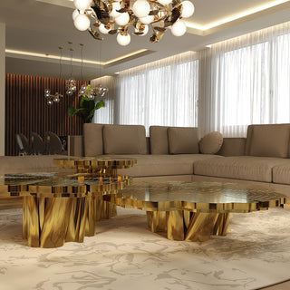 Luxury Patina Brass Coffee Table Set with Round Tiered Tops & Statement Design