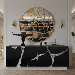 Luxury Black Gold Sideboard Cabinet with Sculptural Cracked Design