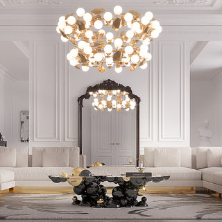 Luxury Sculptural Coffee Table with Gold Sphere Base & Black Glass Top