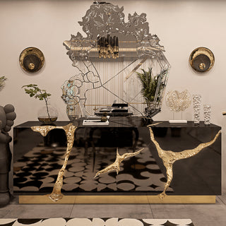 Luxury Black Gold Sideboard Cabinet with Sculptural Cracked Design
