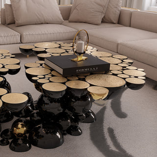 Luxury Sculptural Coffee Table with Gold Sphere Base & Black Glass Top