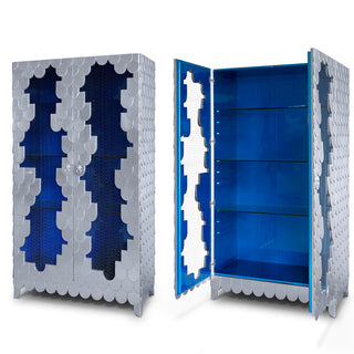 Luxury Display Cabinet with Silver Leaf Finish, Glass Shelves & Storage