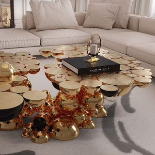 Luxury Sculptural Coffee Table with Gold Sphere Base & Black Glass Top