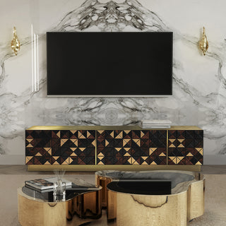 Luxury Walnut Media Console with Pixel-Inspired Design & Hidden Storage