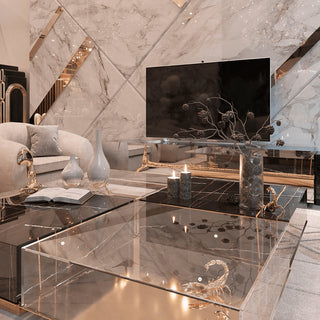 Luxury Coffee Table Set with Marble, Glass & Sculptural Gold Brass Design