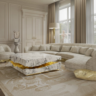 Luxury Carrara Marble Coffee Table with Sculptural Brass Frame & Organic Design