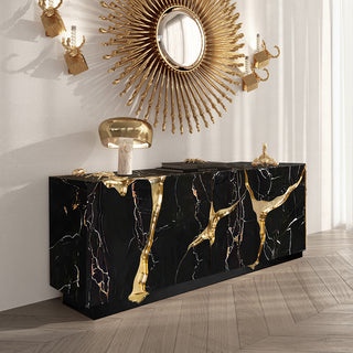 Luxury Black Gold Sideboard Cabinet with Sculptural Cracked Design
