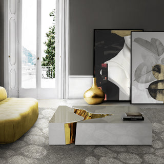Luxury Coffee Table with Cracked Brass Sculptural Base & Smoked Glass Top