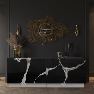 Luxury Black Gold Sideboard Cabinet with Sculptural Cracked Design