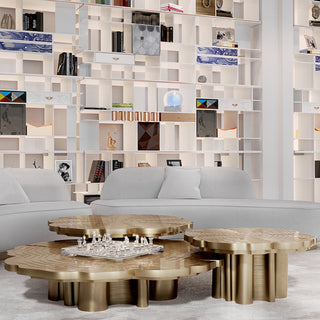 Luxury Patina Brass Coffee Table Set with Round Tiered Tops & Statement Design