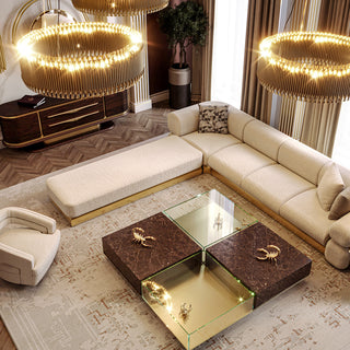 Luxury Coffee Table Set with Marble, Glass & Sculptural Gold Brass Design
