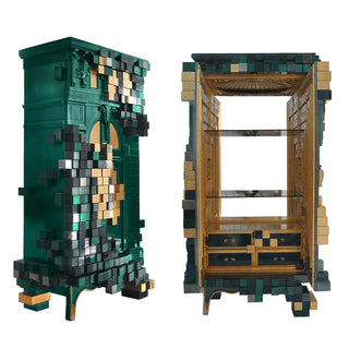 Luxury Display Cabinet with Geometric Pixel Design, Glass Shelves & Storage
