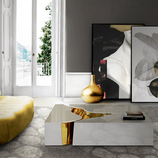 Luxury Coffee Table with Cracked Brass Sculptural Base & Smoked Glass Top
