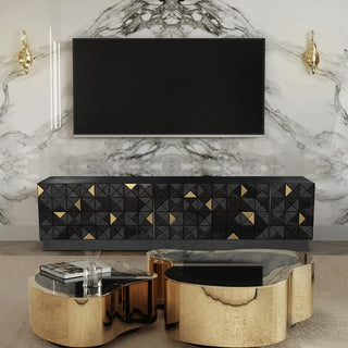 Luxury Walnut Media Console with Pixel-Inspired Design & Hidden Storage
