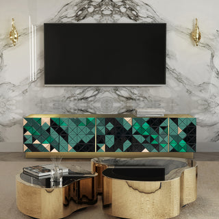 Luxury Walnut Media Console with Pixel-Inspired Design & Hidden Storage