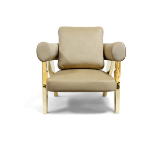 Luxury Sculptural Armchair with Polished Hammered Brass Legs & Curved Upholstery Design