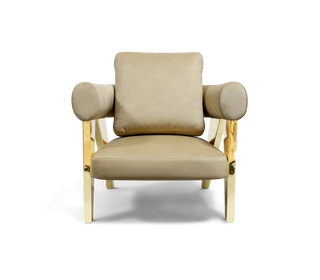 Luxury Sculptural Armchair with Polished Hammered Brass Legs & Curved Upholstery Design