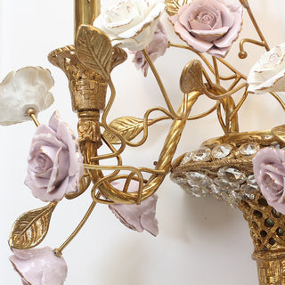 2 Lights Antique Brass Wall Lamp Porcelain Flower Wall Lamp
