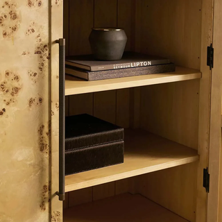 Hattie Burl Tall Wood Storage Cabinet - Mappa Burl Veneer Solid Oak with Adjustable Shelves for Living Room