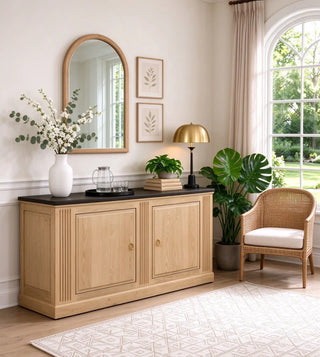 Vintage Oak Sideboard, 59.5" Granite Top with Brass Pulls