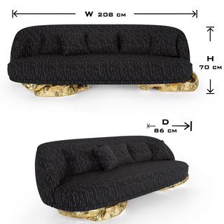 Luxury Sculptural Sofa with Polished Hammered Brass Base & Organic Curved Design