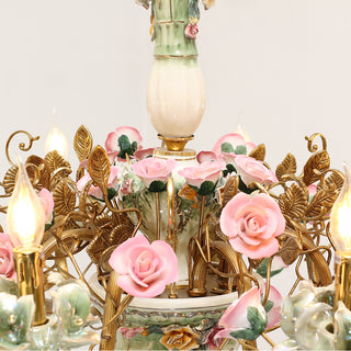 35X24 Inch 8 Lights Brass Chandelier and Green & Pink Porcelain Flower Chandelier