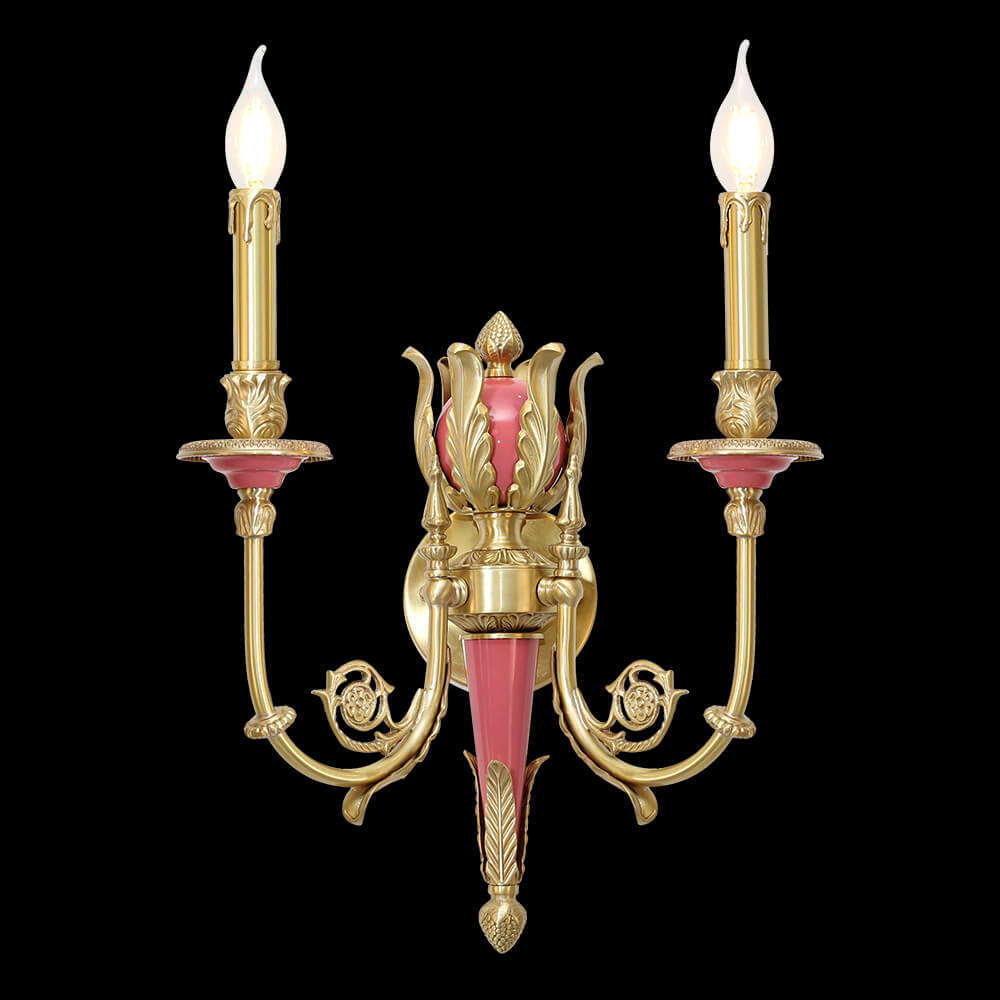 2 Lights Rococo Style Brass Wall Lamp Blue/ Pink Color