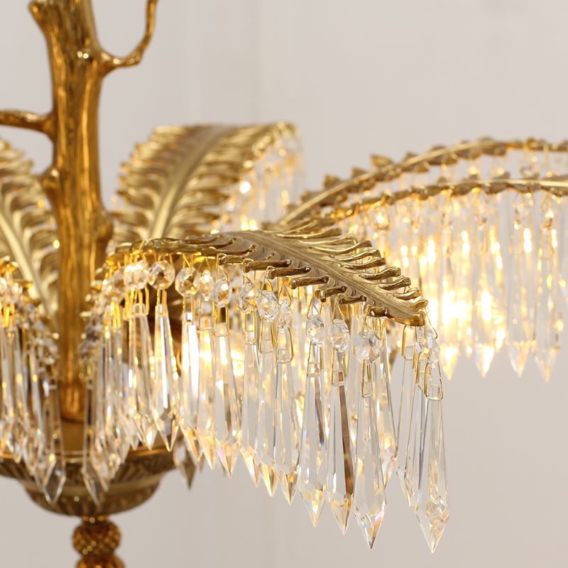 22 Inch Wide 1 Layer Small Brass Palm Tree Crystal Chandelier Light for Bedroom