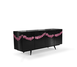 Luxury Black Sideboard Buffet Cabinet with Floral Carved Details & Storage