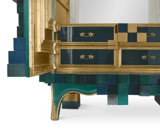 Luxury Display Cabinet with Geometric Pixel Design, Glass Shelves & Storage