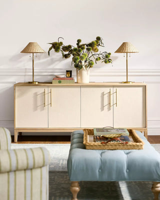 74" Oak Sideboard, Cerused Brass Linen Door Credenza