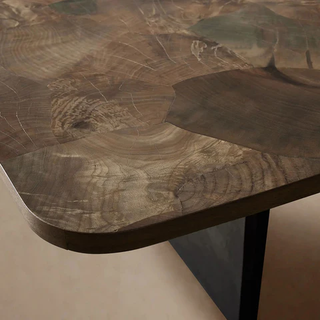 Polanco Wood Dining Table (Oxidized Steel Base): Modern Industrial Dining Room Table