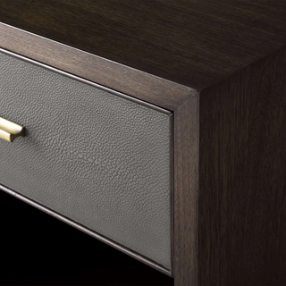 Artisan Wood Nightstand Shagreen Leather Accent – Modern Bedroom Storage Table