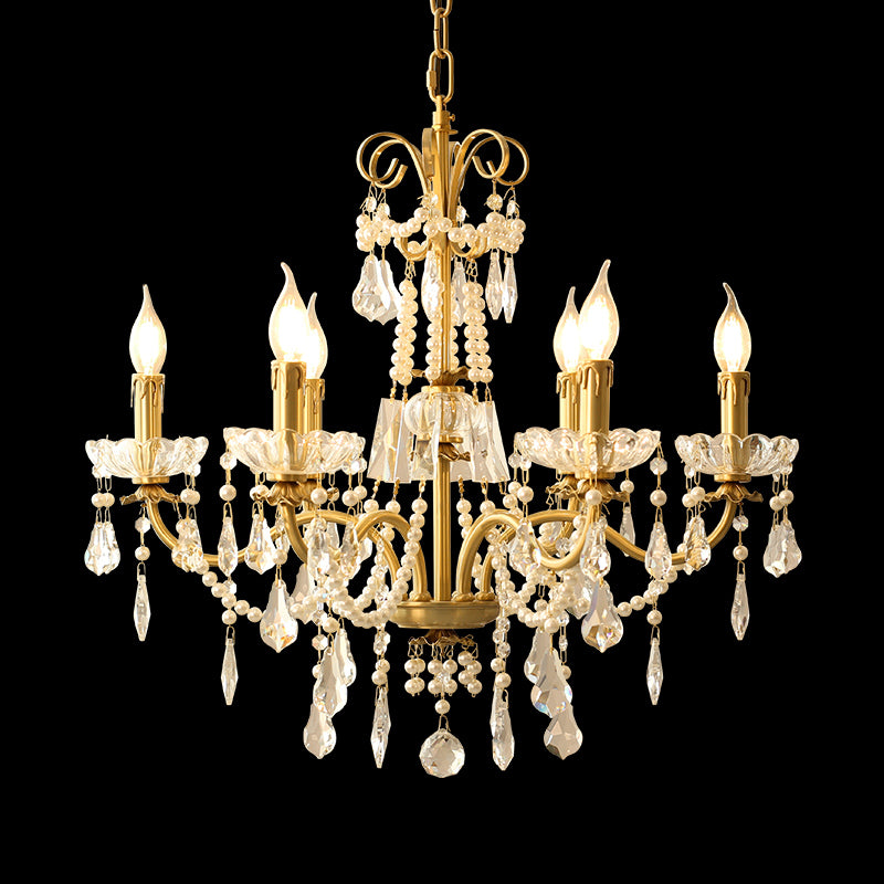 6 Lights Candle Style Small Gold Chandelier Luxury Brass Arm Chandelier with Acrylic Pearl Chains