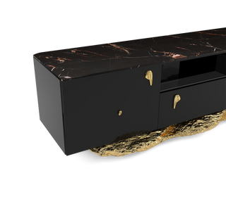 Luxury Black Gold Media Console with Marble Top & Hidden Storage
