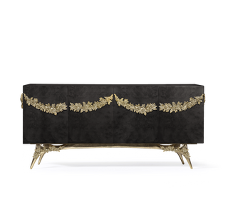 Luxury Walnut Burl Sideboard Buffet Cabinet with Hand-Carved Floral Doors & Storage