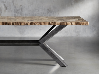 Petra Rectangular Dining Table – Marble & Petrified Wood Top with Iron Base